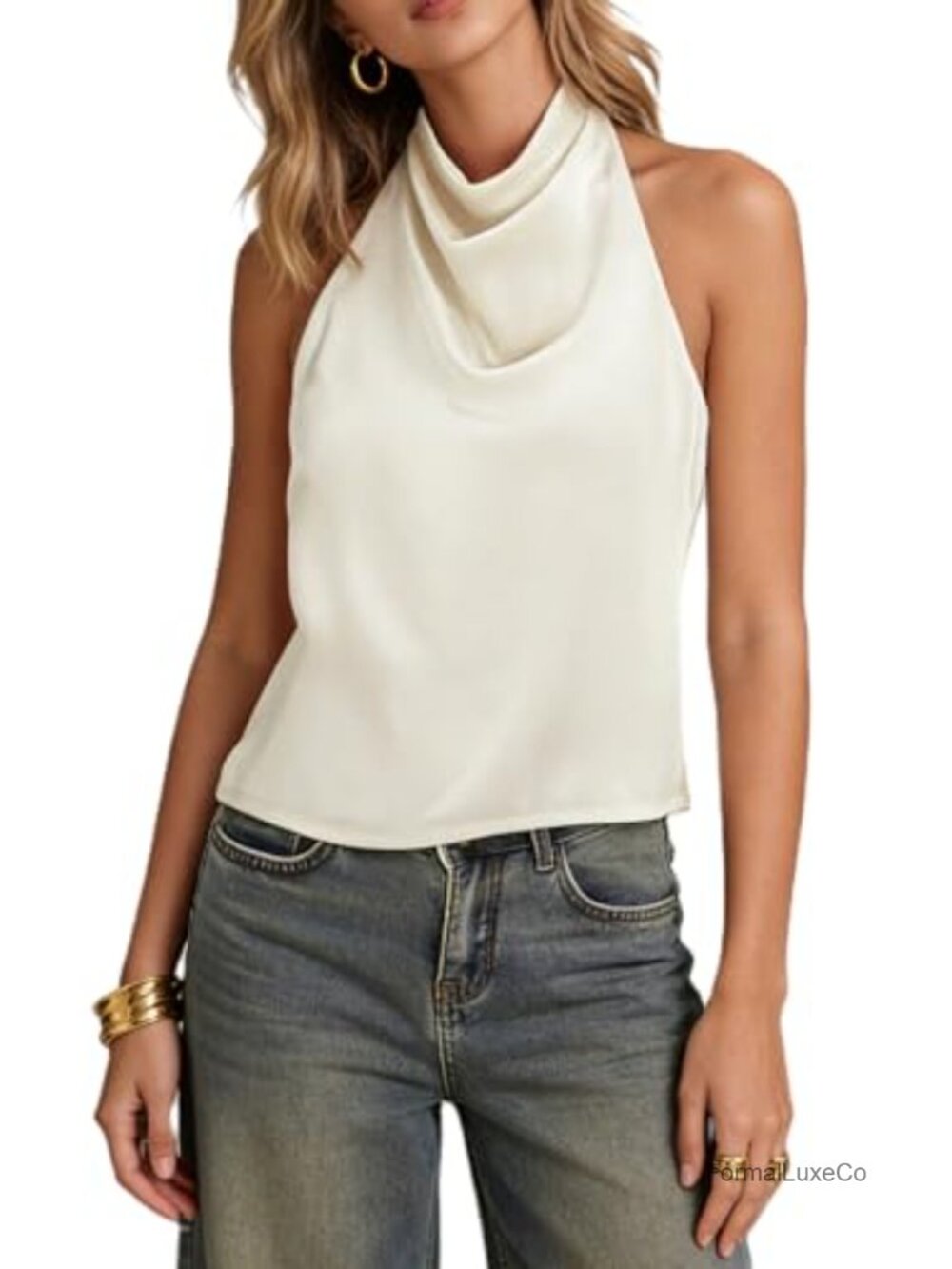 Satin Halter Tank Top High Neck Open Back Sleeveless Camisole